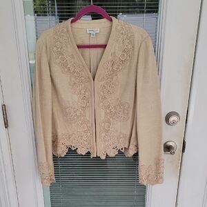 Coldwater Creek Tan Linen Blend Lace Trim Jacket Eye Hook Closure Sz PL